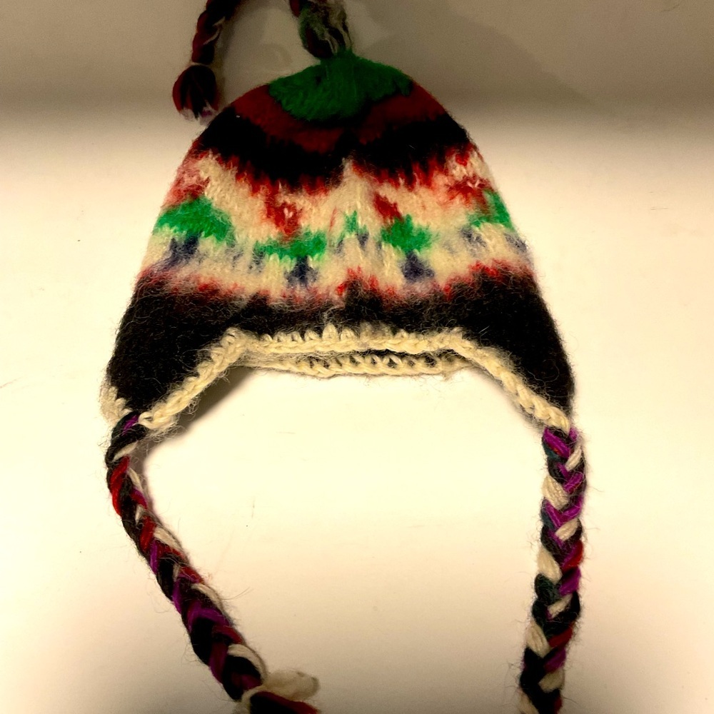 Handmade Fair Isle Knit Hat with Braids One Size